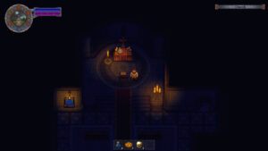 Player standing in a dark church