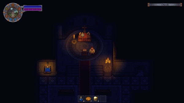 Player standing in a dark church 