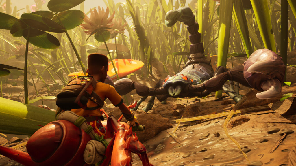 Screenshot from Grounded 2 on which player character is riding an ant into fight with a scorpion