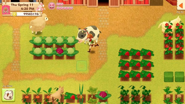 Player running through the farm with a cow in the background.