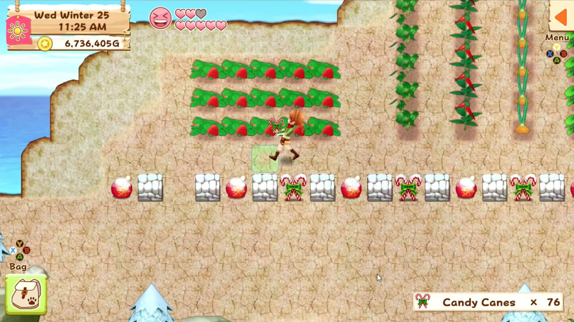 Player picking up strawberries