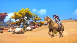Player character riding a horse in My Time at Sandrock
