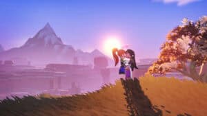 Two characters sharing a romantic moment at sunset.