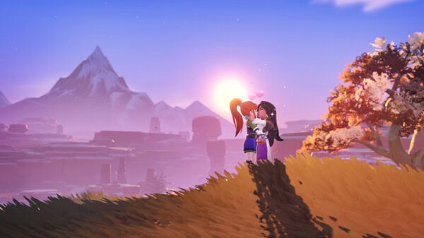 Two characters sharing a romantic moment at sunset. 