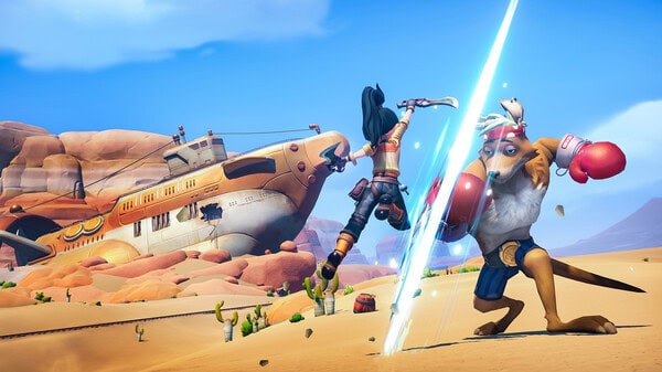 Player fighting an enemy in the middle of the desert