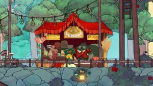 Player standing in front of a shop