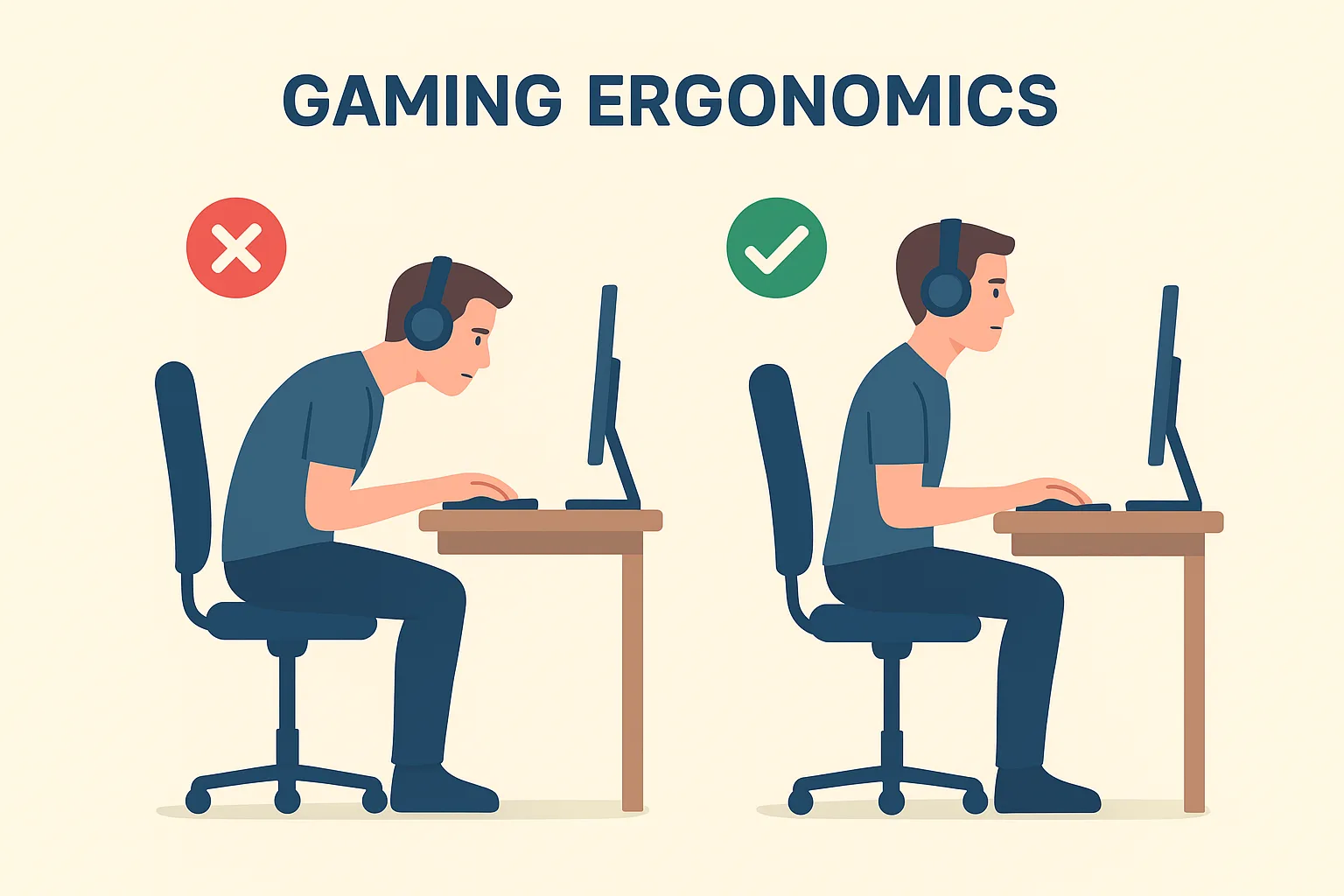 Comparison of bad and good gaming posture. Left: gamer slouched and leaning forward. Right: gamer sitting upright with proper chair, monitor, and desk setup.