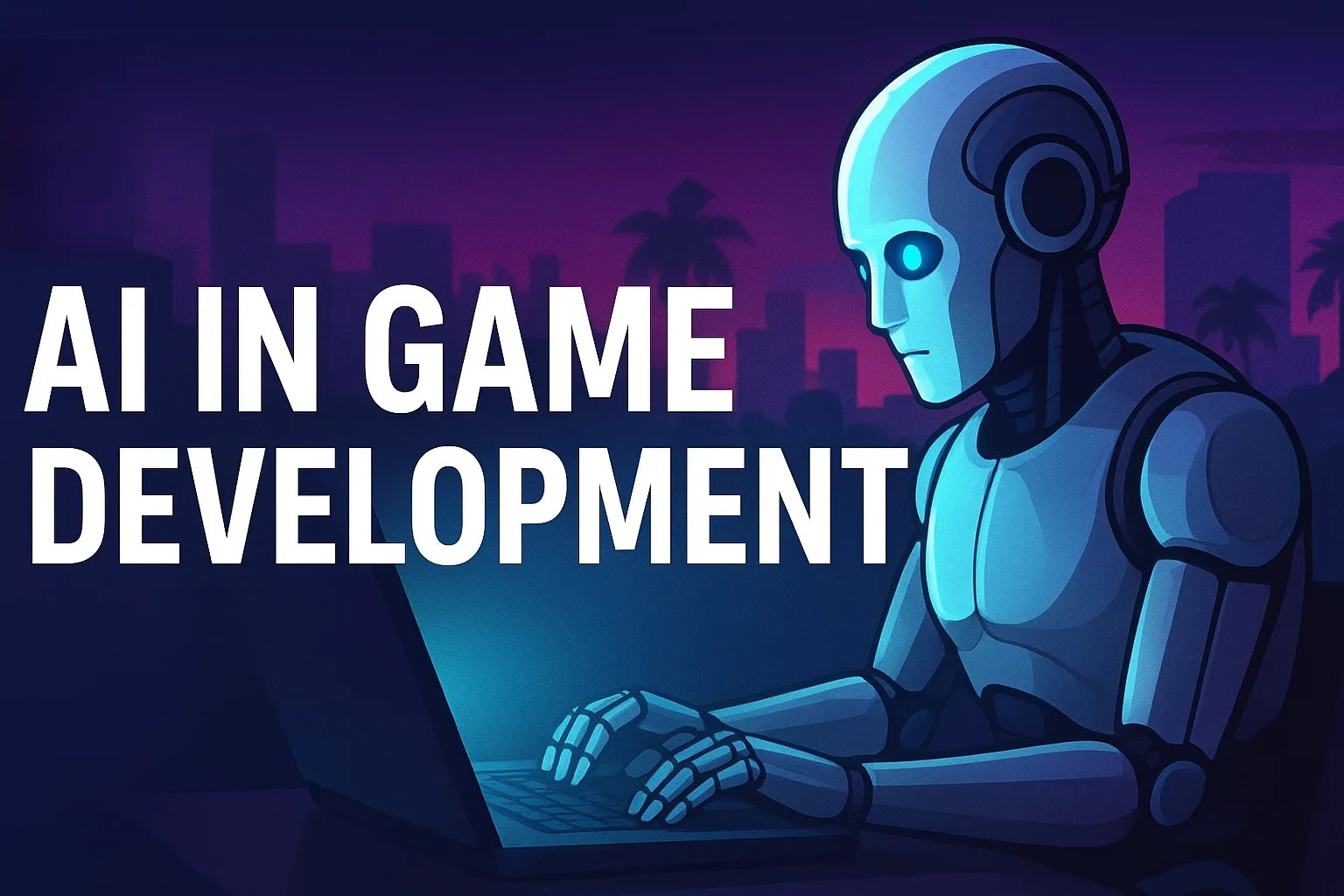 Stylized robot working at a computer with a futuristic gaming environment and GTA-style cityscape elements