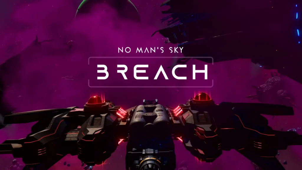 Black Ship Ventures into Purple Space Black spaceship flying through a mysterious purple-star system in No Man’s Sky Breach update