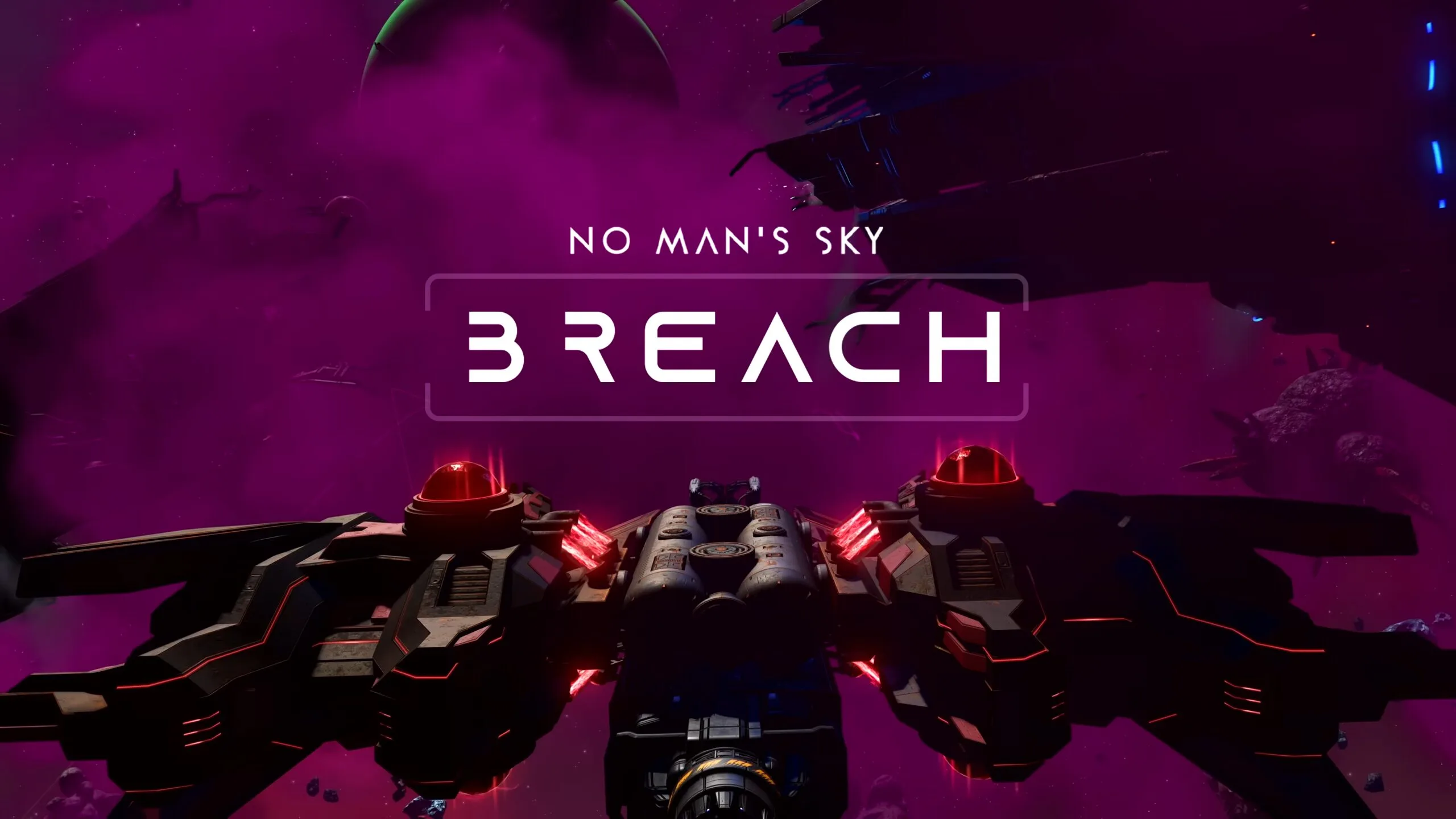Black spaceship flying through a mysterious purple-star system in No Man’s Sky Breach update