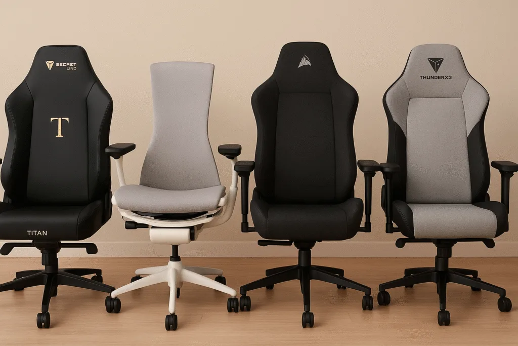 A lineup of modern gaming chairs, including Secretlab Titan, Herman Miller Embody, Corsair, and ThunderX3 models, arranged side by side under neutral studio lighting.