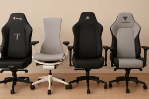 A lineup of modern gaming chairs, including Secretlab Titan, Herman Miller Embody, Corsair, and ThunderX3 models, arranged side by side under neutral studio lighting.