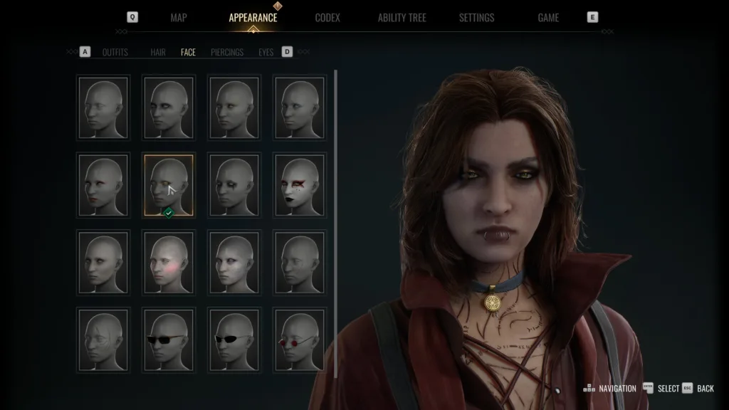 Bloodlines 2 Character Customization Screen Bloodlines 2 character creation screen showing a female vampire customizing accessories and makeup.