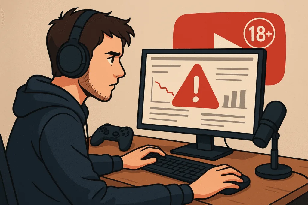 Gaming creator reviewing videos on YouTube with age-restriction warning