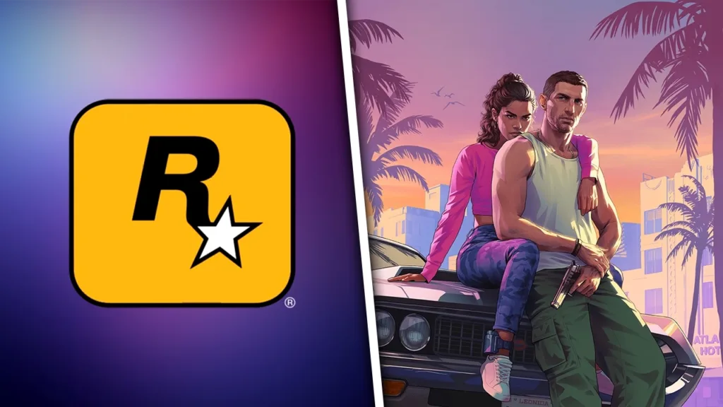 Rockstar Logo and GTA 6 Protagonists Rockstar logo on the left, GTA 6 protagonists sitting on a car on the right