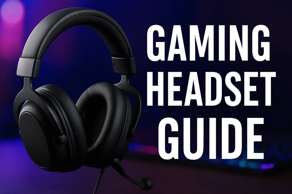 Gaming Headset Guide – How to Choose the Best Headset for Comfort and Sound Black gaming headset with over-ear cushions next to text reading ‘Gaming Headset Guide’ on a dark background.