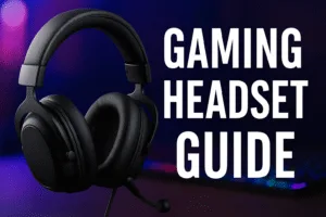 Black gaming headset with over-ear cushions next to text reading ‘Gaming Headset Guide’ on a dark background.