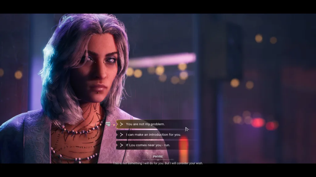 Bloodlines 2 Dialogue Choices – RPG Mechanics Bloodlines 2 screenshot showing a conversation with a woman and multiple dialogue options, highlighting shallow RPG mechanics.