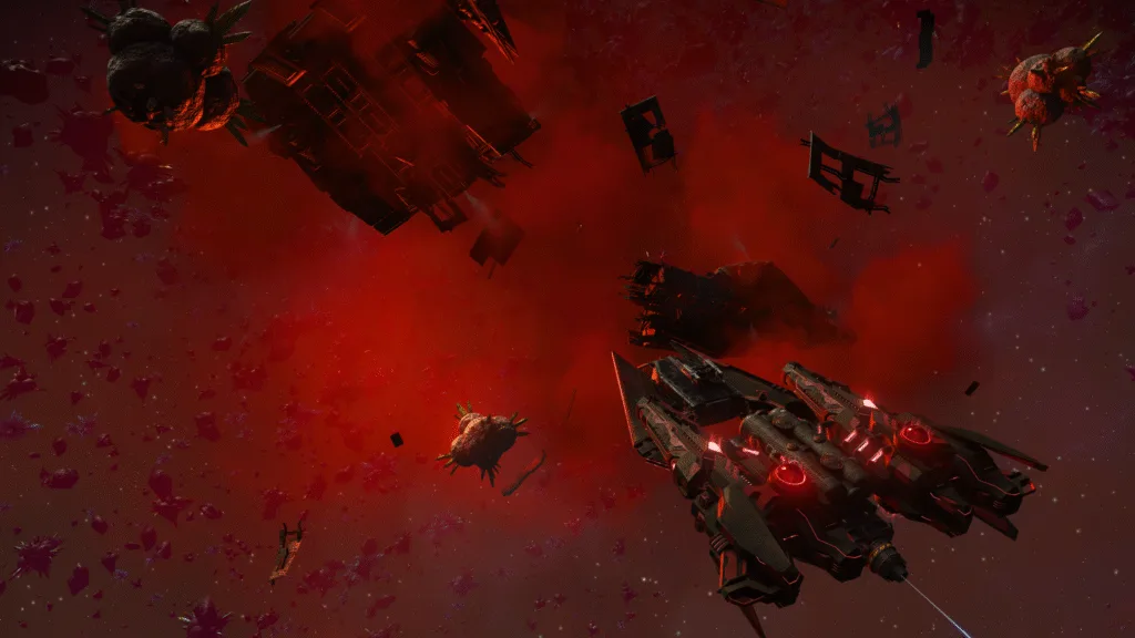Navigating Wreckage in Red Space Player corvette navigating fragments of a destroyed ship in crimson space in No Man’s Sky Breach update