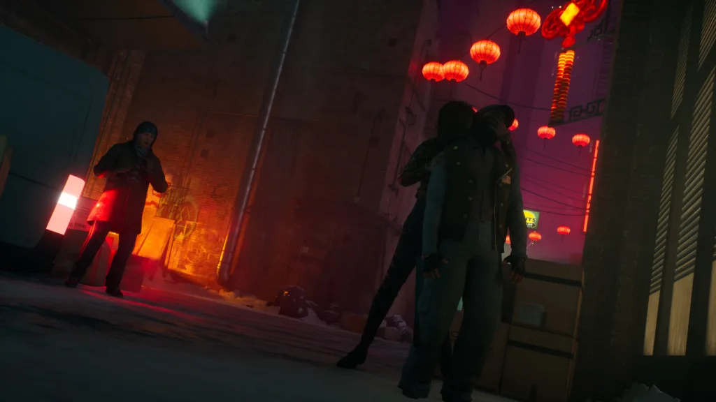 Bloodlines 2 Gameplay – Feeding in the Alley Vampire feeding on a passerby in a neon-lit Chinatown alley while another person spots the act in Bloodlines 2.