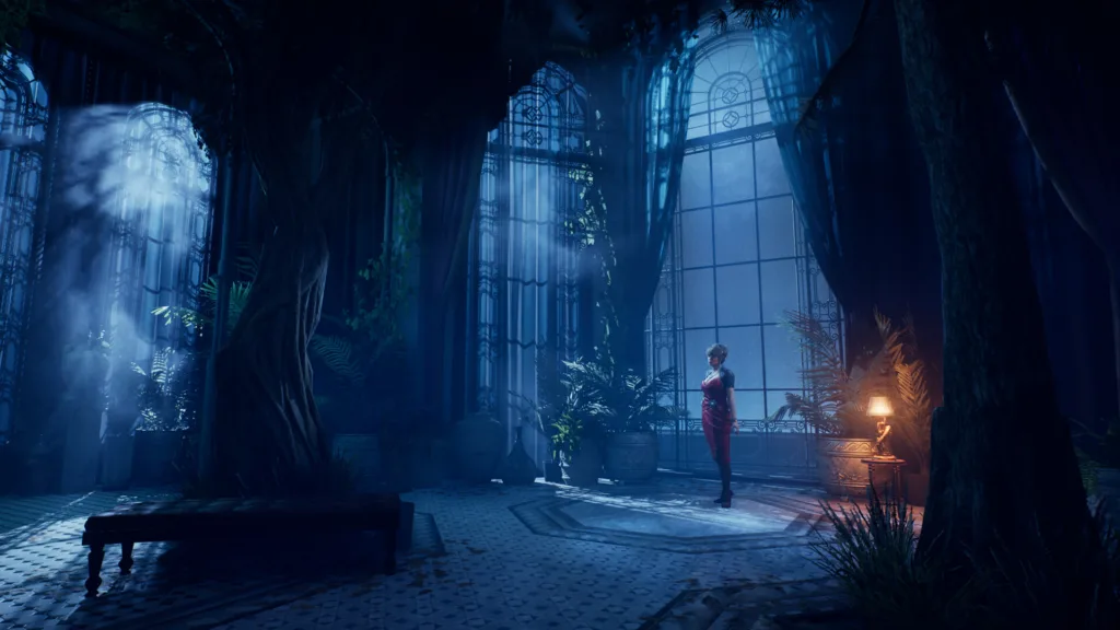 Bloodlines 2 Atmosphere and Visuals A vampire in a red dress stands before a large window, bathed in dim light, creating a dark and atmospheric mood in Bloodlines 2.