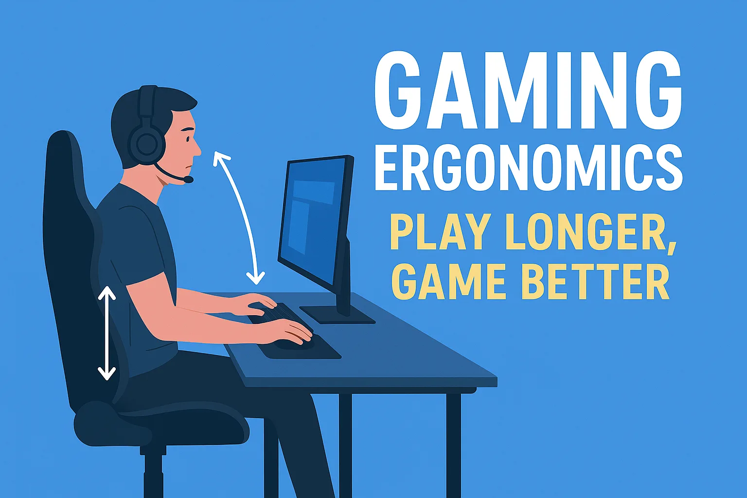 Gamer sitting with proper posture at an ergonomic desk setup with monitor, keyboard, and mouse”