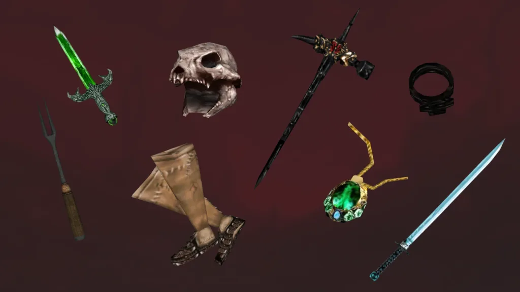 A collection of rare artifacts restored by the Artifacts Reinstated mod for The Elder Scrolls III: Morrowind, displayed on a table in-game with detailed models and textures.