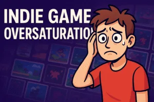 Cartoon-style thumbnail showing a worried player surrounded by a cluttered grid of indie game icons, representing the issue of indie game oversaturation.