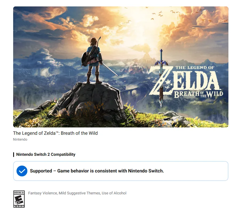 Screenshot of Nintendo Switch 2 compatibility checker showing Breath of the Wild listed as supported, demonstrating how the tool works for checking game compatibility.