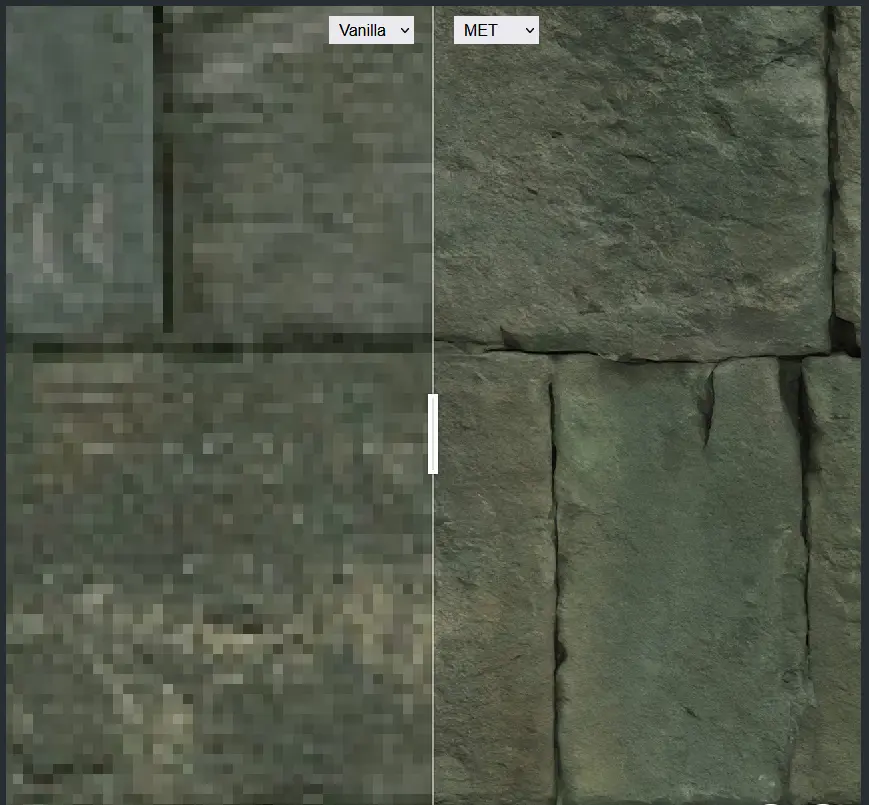 Side-by-side comparison of a stone wall texture in The Elder Scrolls III: Morrowind — the left showing the original 2002 version, and the right showing enhanced HD textures from the Morrowind Enhanced project.