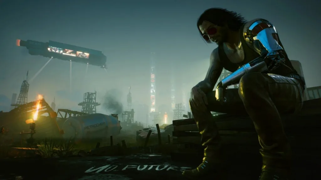 Cyberpunk 2077 screenshot showing Johnny Silverhand sitting on the right in an oilfield, neon city lights in the background, and a massive advertising-covered blimp on the left.