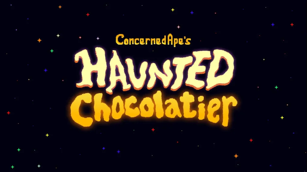 Official Haunted Chocolatier image showing golden text "ConcernedApe's Haunted Chocolatier" in the center with colorful stars scattered across a dark background