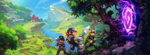 Concept art from Hytale showing three players walking toward a glowing purple portal on the right, with green plains, tall mountains, and a large distant building under a bright sky.
