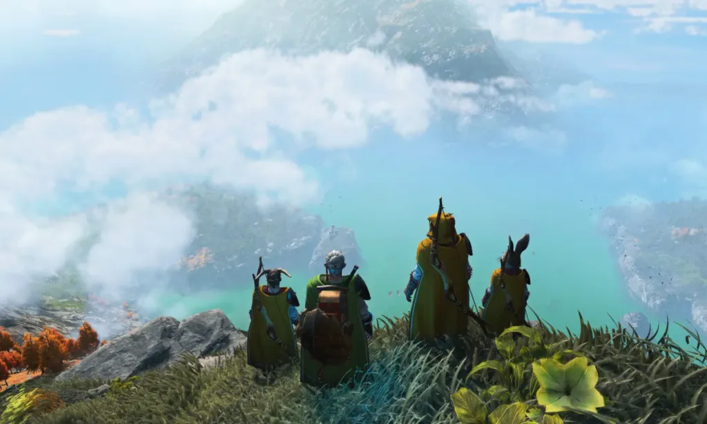 Four Light No Fire players standing on a mountaintop, looking across a sea toward scattered islands.