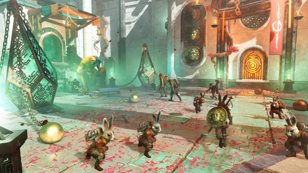 Multiple rabbit-like characters standing in a city area, with larger green creatures sitting in the background in Light No Fire.