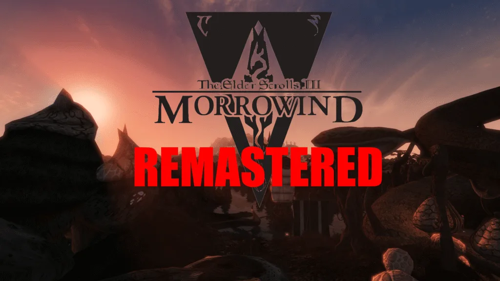 A dawn landscape from The Elder Scrolls III: Morrowind, with the game’s logo and title centered on the image and a bold red “REMASTERED” label underneath, symbolizing how mods and OpenMW modernize the classic RPG.