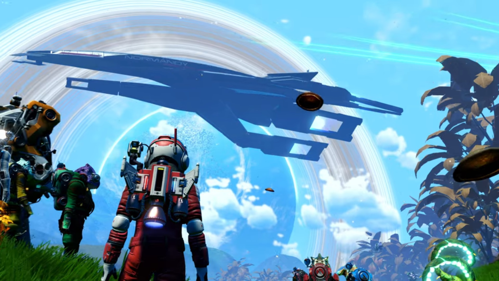 A No Man’s Sky player character standing on a colorful alien planet, looking up at the Normandy SR1 frigate hovering in the sky during Expedition 2 Redux: Beachhead.