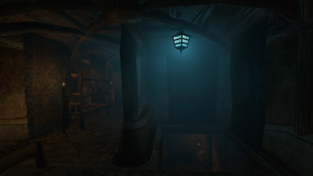 Interior scene in The Elder Scrolls III: Morrowind running on OpenMW — a blue ceiling lamp casts soft light over a cluttered shelf on the left and stairs leading down on the right, highlighting modern post-processing effects.