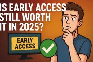 Cartoon-style thumbnail showing a concerned gamer thinking while looking at a monitor displaying an “Early Access” label and a green checkmark, with the text “Is Early Access Still Worth It in 2025?” above.