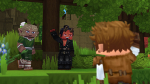 A Hytale gameplay screenshot showing three stylized characters in a bright forest environment, including an elf character, a red horned character waving, and a player character in the foreground.